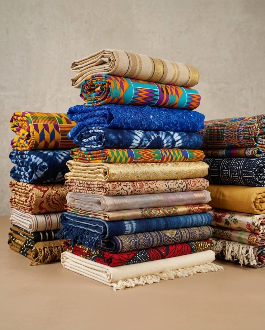 Stacks of folded kente, adire, lace, aso-oke and Ankara fabrics